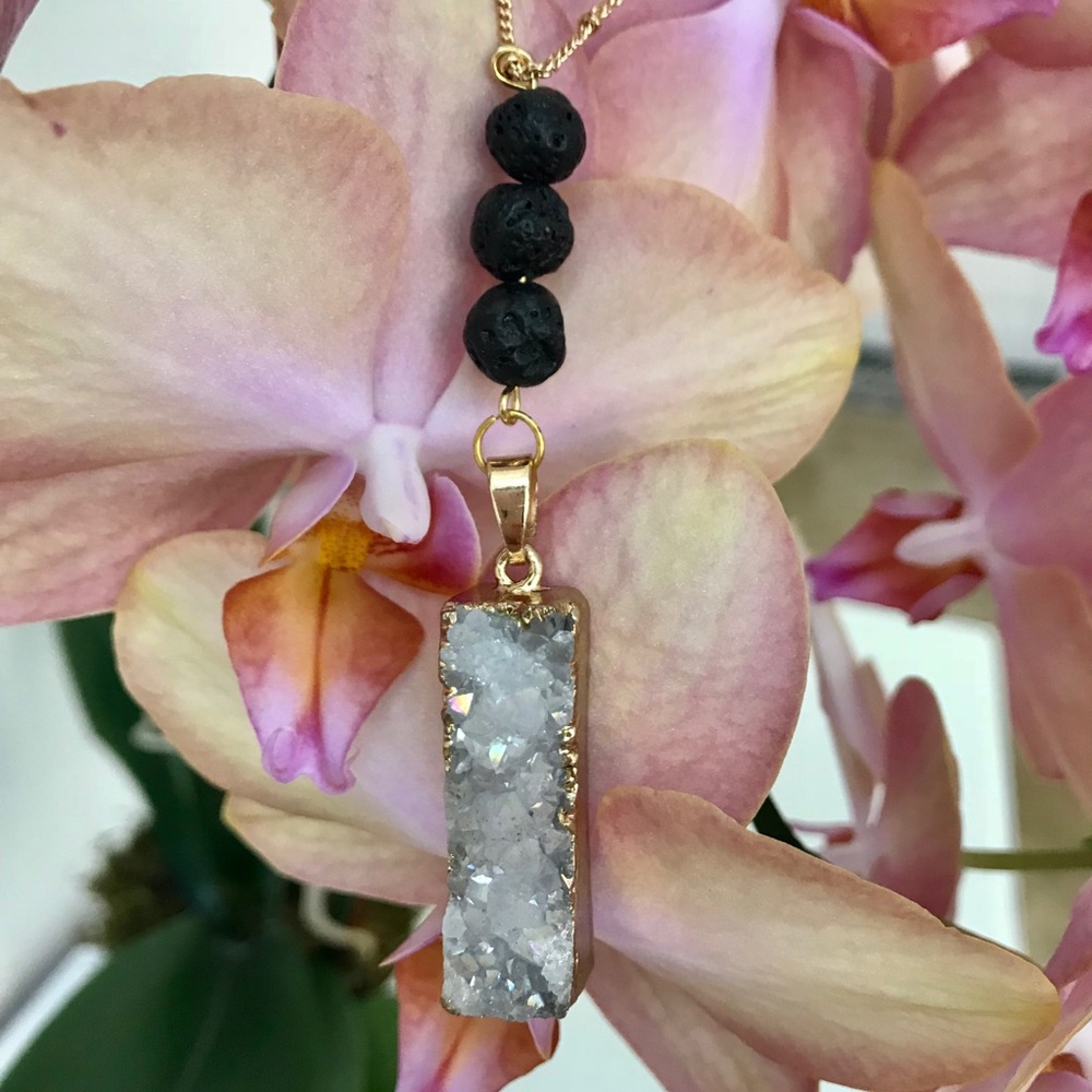 Druzy Quartz Lava Bead Necklace